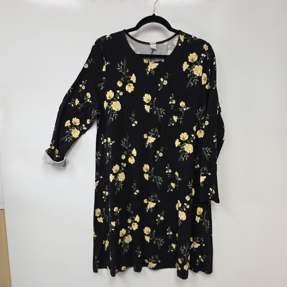 Old Navy Dress Womens XL Black Floral Knit Swing Trapeze T-Shirt Long Sleeve